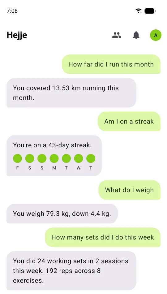 A conversation with Kaya answering how far the user ran this month, whether they are on a streak, what they weigh, and how many sets they did this week.