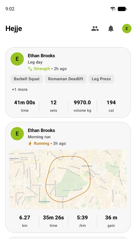 The activity feed: a strength session showing sets and volume, and a run showing its route on a map with distance, time, pace and elevation gain.
